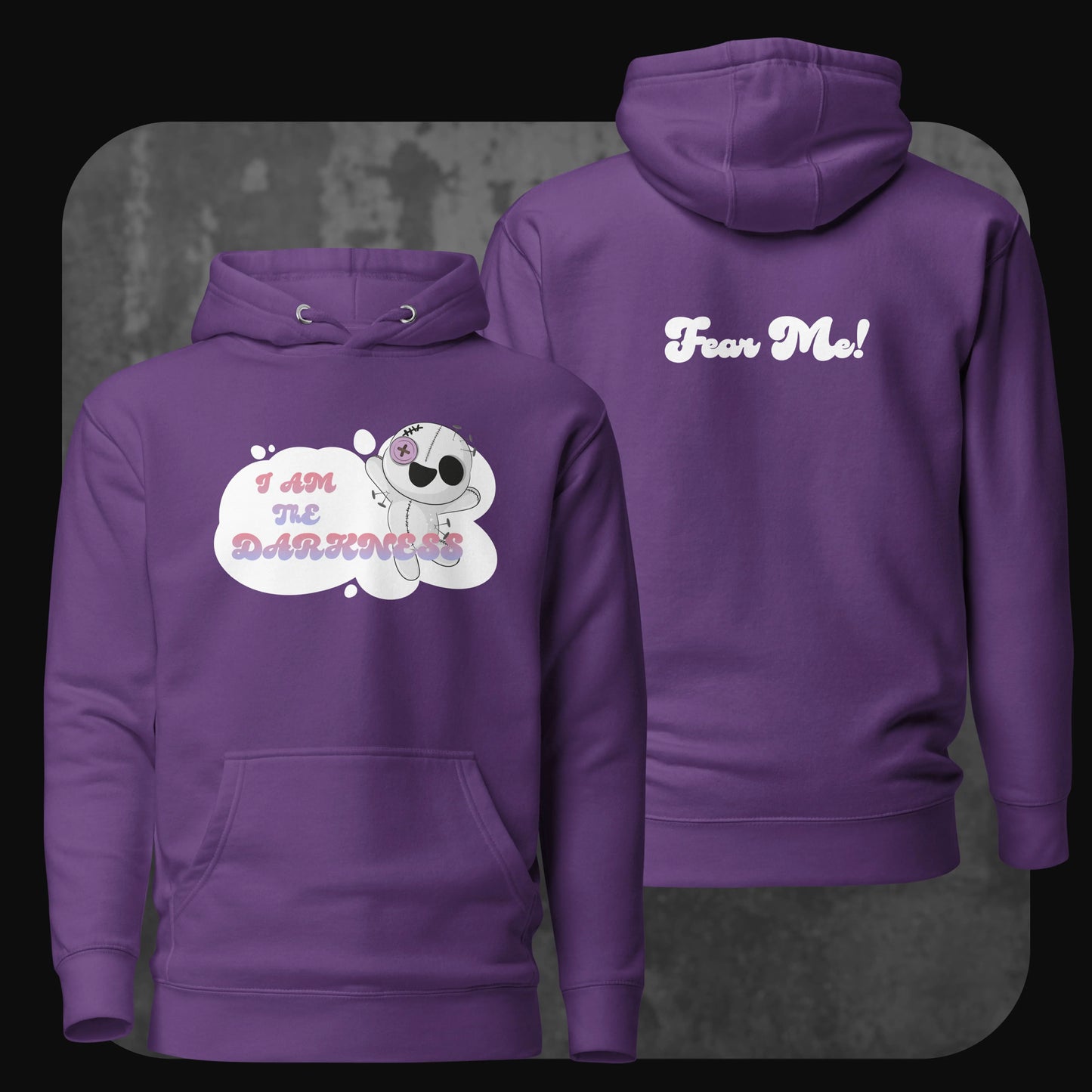 Front and back view of a purple hoodie featuring the same design with a soft contrast of white and pastel pink text and graphics.