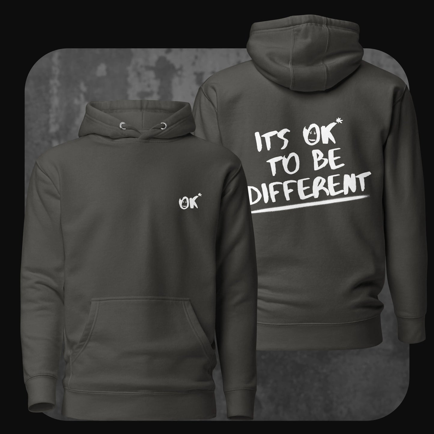 Product photo of a vintage black hoodie with “OK*” logo on front and bold “IT’S OK TO BE DIFFERENT” print on the back.