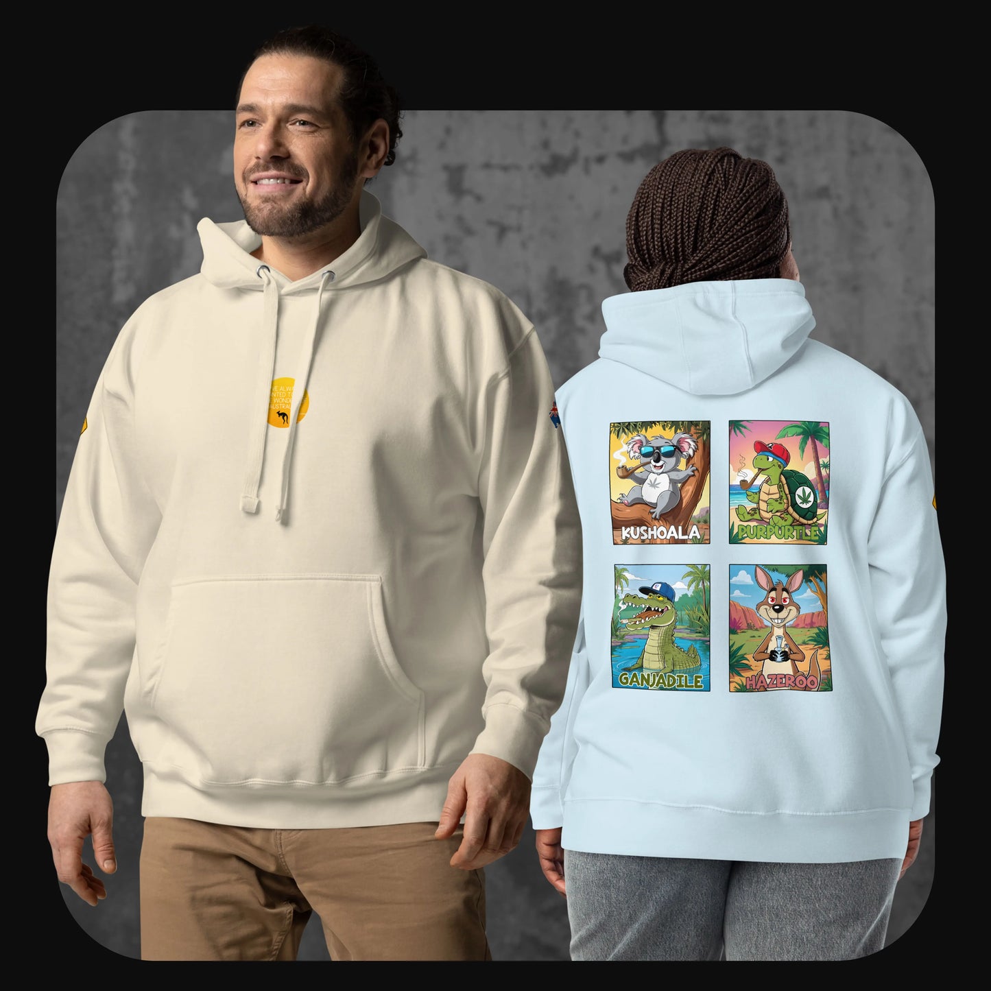 Models wearing RodneyLogan hoodies in bone and ocean blue with back print featuring four Australian cartoon animals.