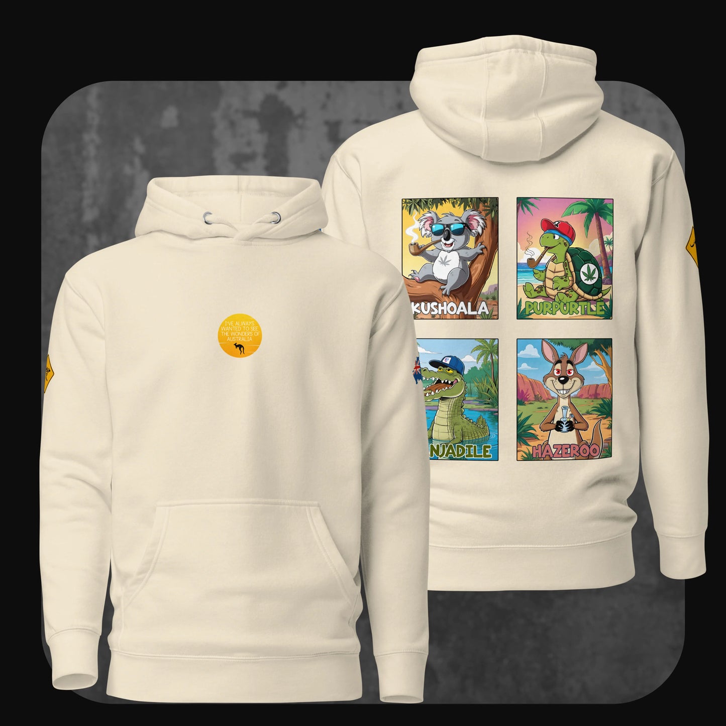 Bone-colored hoodie with bold animal cartoon artwork on the back and minimal round chest print – RodneyLogan “Wonders of Australia”.