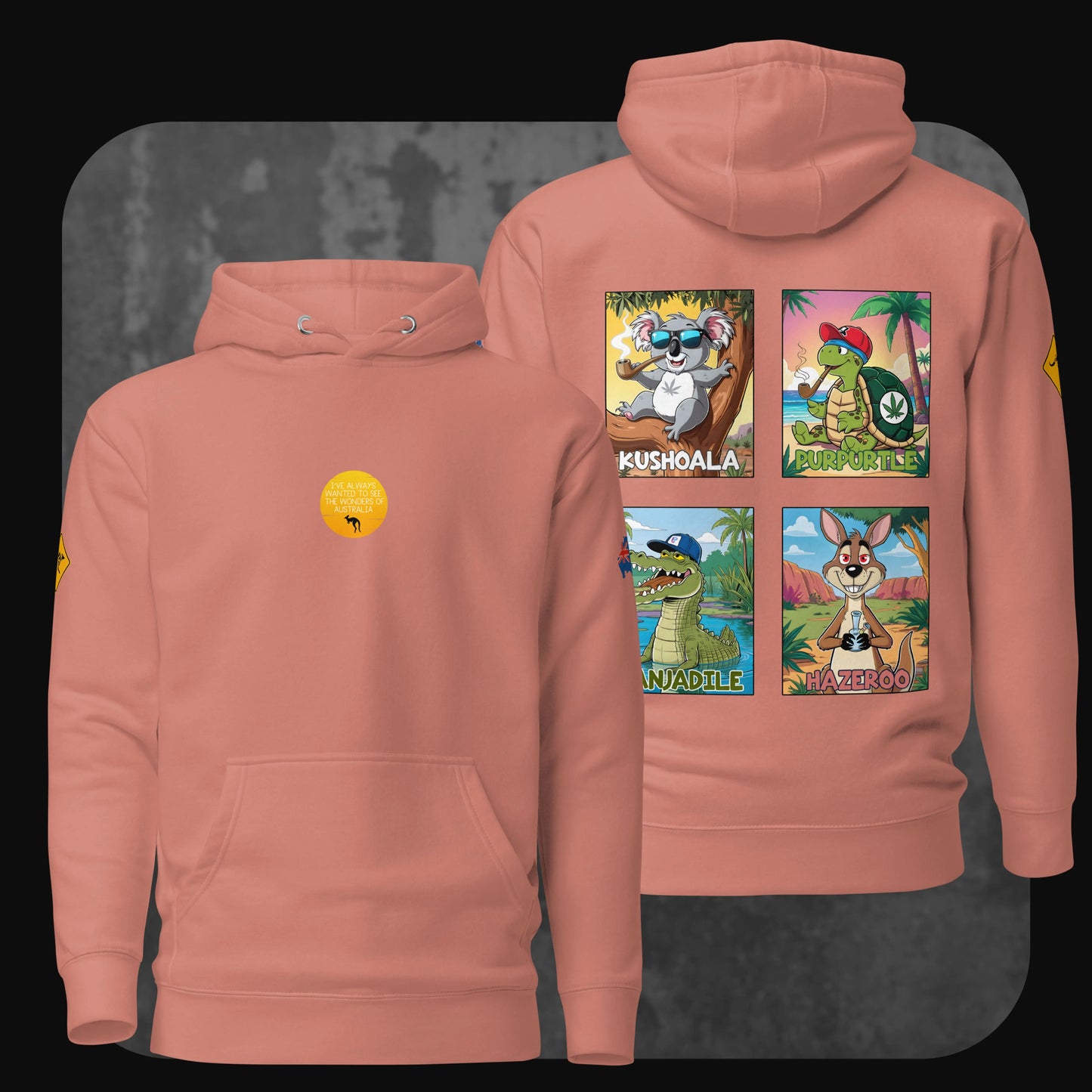 Pink-toned hoodie with colorful Australian cartoon animals on the back and yellow circular graphic on the chest – RodneyLogan streetwear.