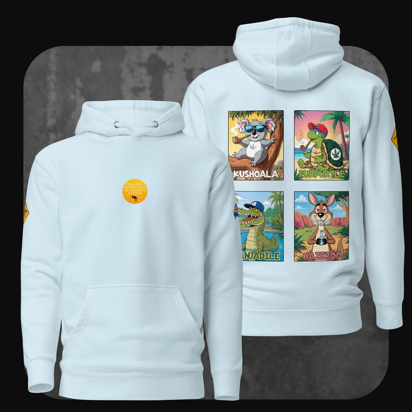Light blue hoodie showing playful animal graphic collage on the back and subtle front print – RodneyLogan Australia series.