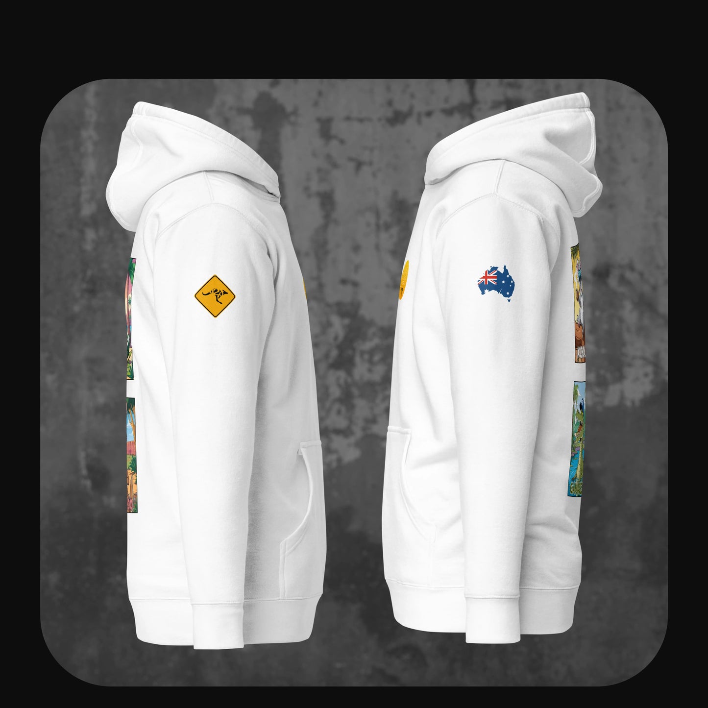 Side view of white hoodie featuring printed sleeve patches with kangaroo and Australia flag – RodneyLogan streetwear detail shot.