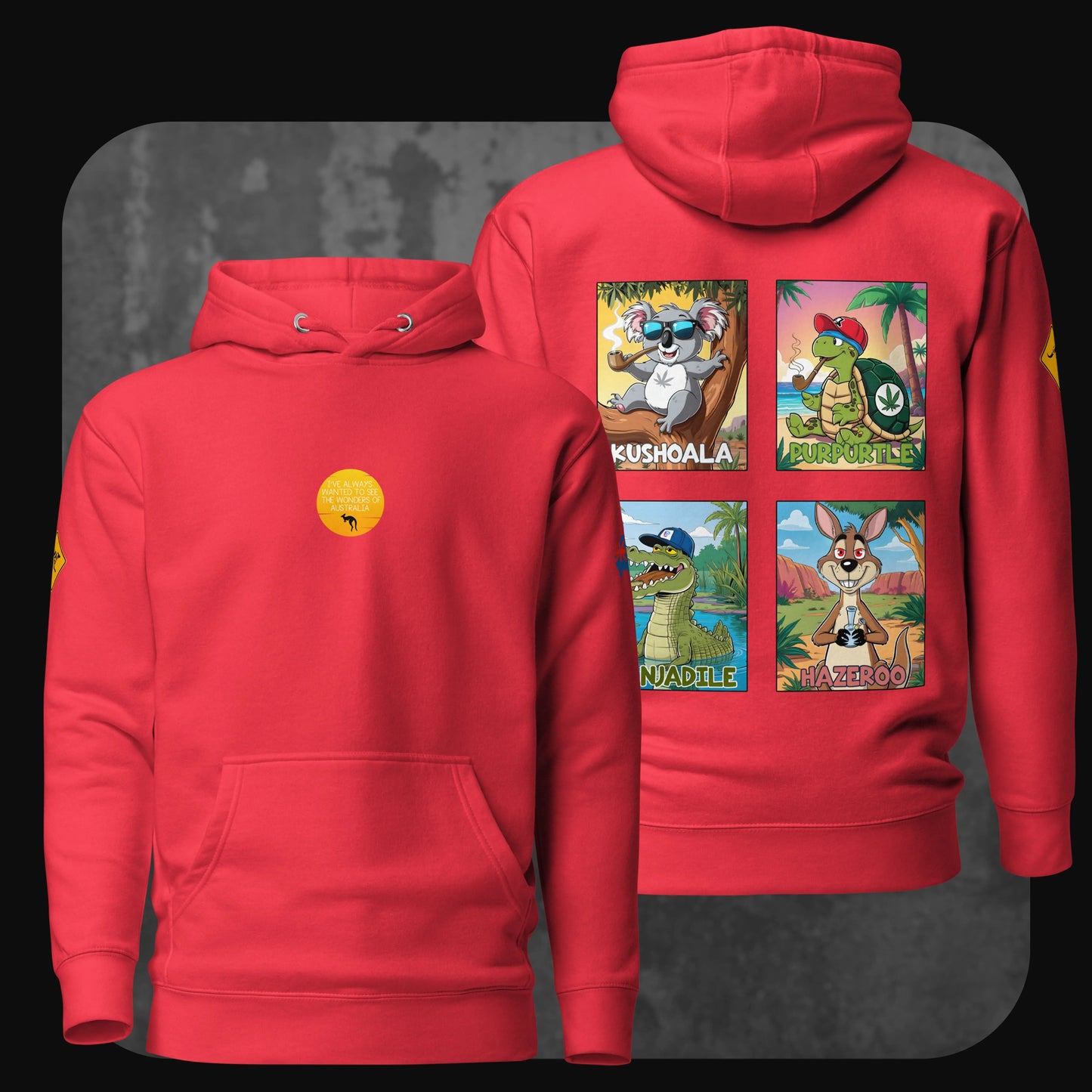 Bright red hoodie with four-panel cartoon print of animals from Australia and signature RodneyLogan front design.