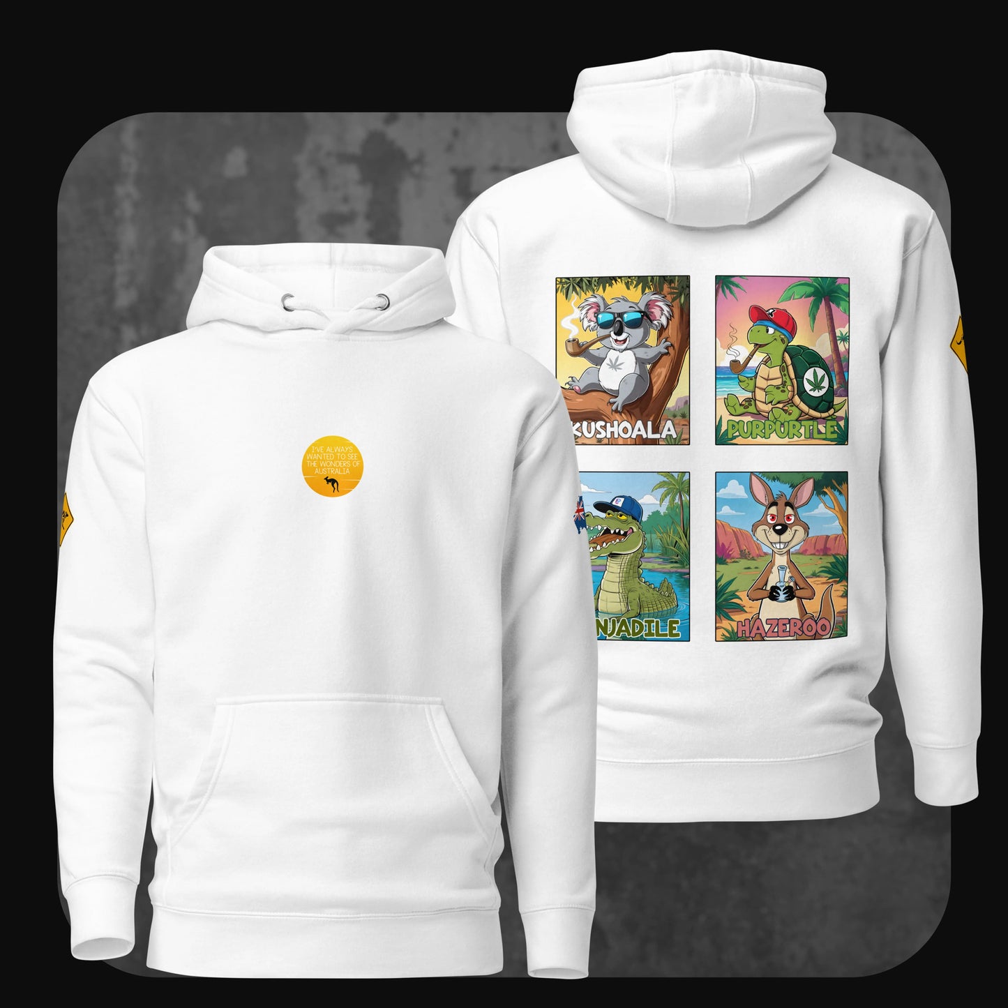White hoodie with cartoon animal characters on the back and round yellow patch on the chest – RodneyLogan “Wonders of Australia” design.