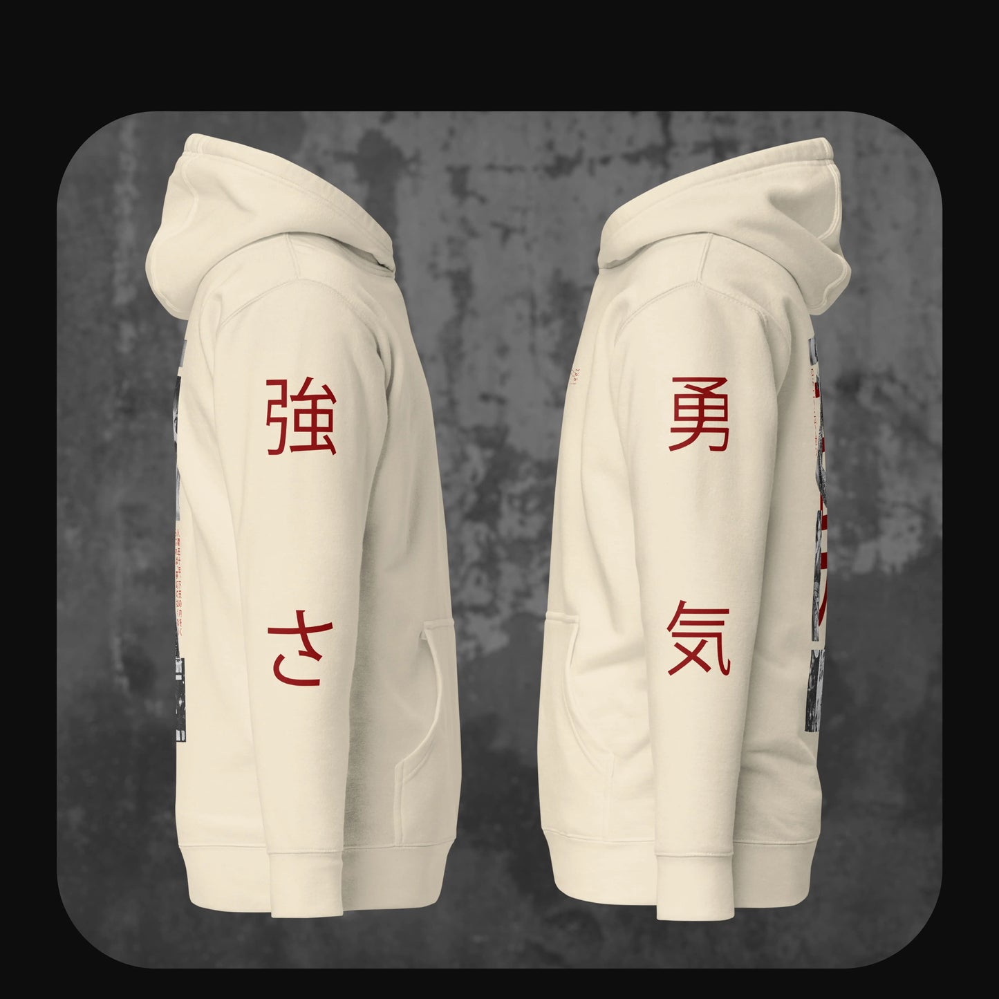 Hoodie side view in bone color showing red Japanese kanji characters for “strength” and “courage” on the sleeves.