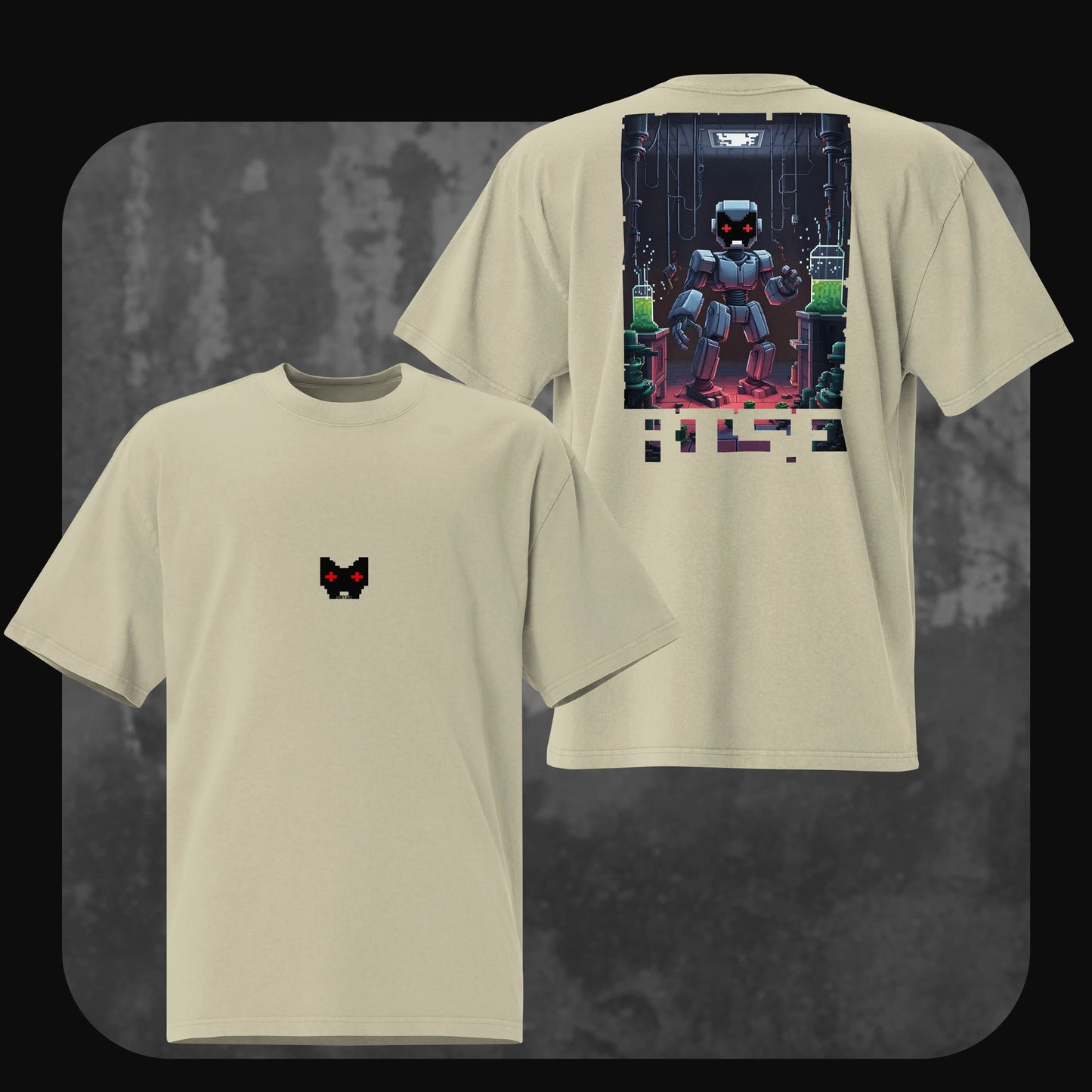 Oversized t-shirt in eucalyptus green with a small black and red pixel cat logo centered on the chest. The back showcases a colorful illustration of a humanoid robot in a cyber-lab setting, surrounded by wires and glowing test tubes, with the word “RISE” below.