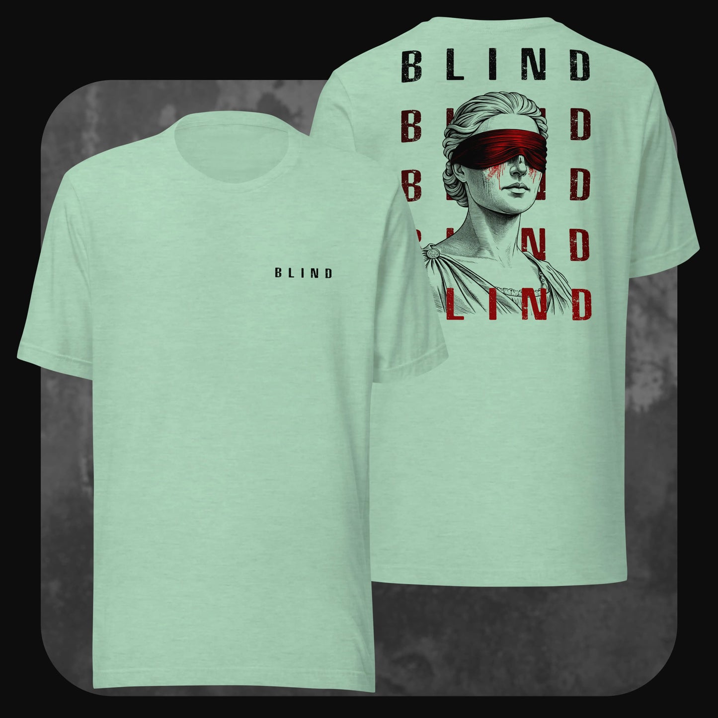 Mint green RodneyLogan “Blind” t-shirt with bold statue illustration on back and clean logo on chest.