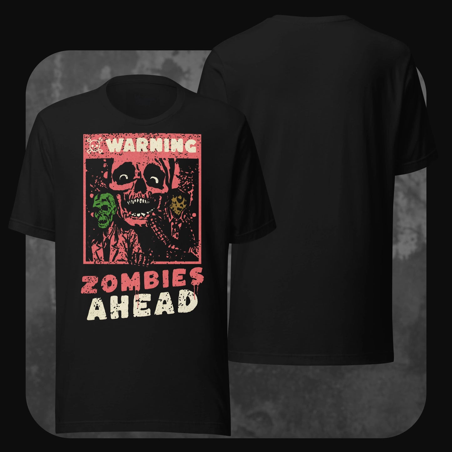 Black T-shirt featuring a retro horror design with three zombies in red, green, and yellow, surrounded by the text “WARNING ZOMBIES AHEAD” in a distressed font.