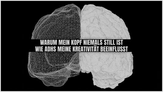 Titelbild zum RodneyLogan Artikel „Warum mein Kopf niemals still ist – Wie ADHS meine Kreativität beeinflusst“ mit abstrakter Gehirn-Visualisierung auf schwarzem Hintergrund.