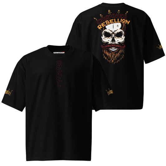 An oversized black t-shirt with "Crowned Rebellion" branding, featuring bold white text and a minimalist crown graphic in the design. The shirt has a casual, relaxed fit ideal for streetwear style.