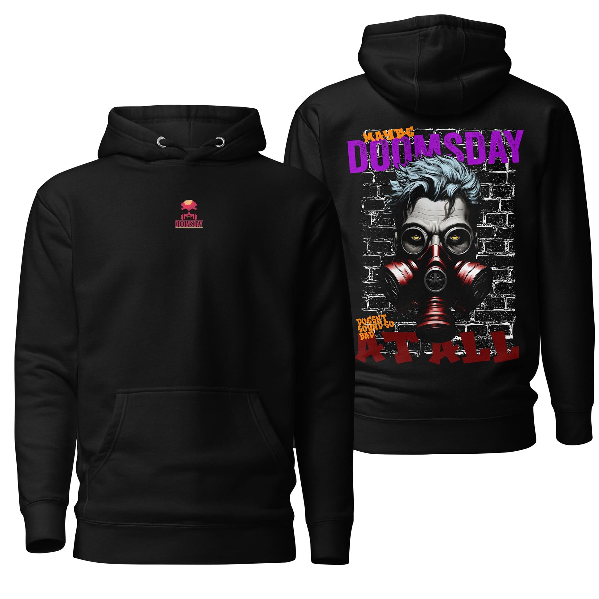 A black hoodie featuring the "Doomsday" design with bold text and apocalyptic-themed artwork. The hoodie has a relaxed fit with a front pocket and drawstring hood, combining comfort and edgy style for everyday wear.