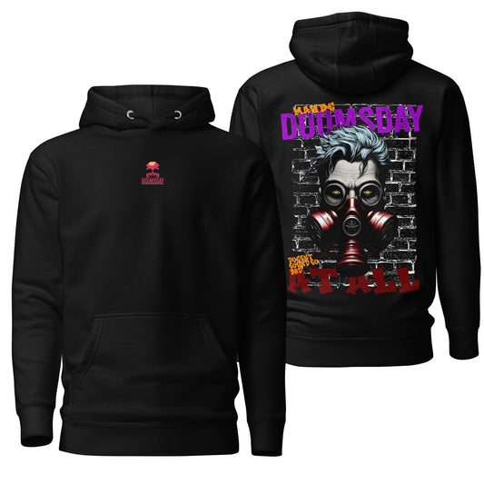 A black hoodie featuring the "Doomsday" design with bold text and apocalyptic-themed artwork. The hoodie has a relaxed fit with a front pocket and drawstring hood, combining comfort and edgy style for everyday wear.
