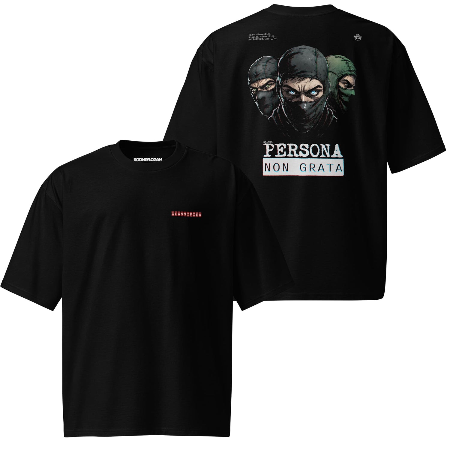 Black heavy oversized T-shirt featuring a bold back graphic of three masked figures with the text 'Persona Non Grata' and a subtle 'CLASSIFIED' embroidery on the front. Perfect for a rebellious streetwear look.