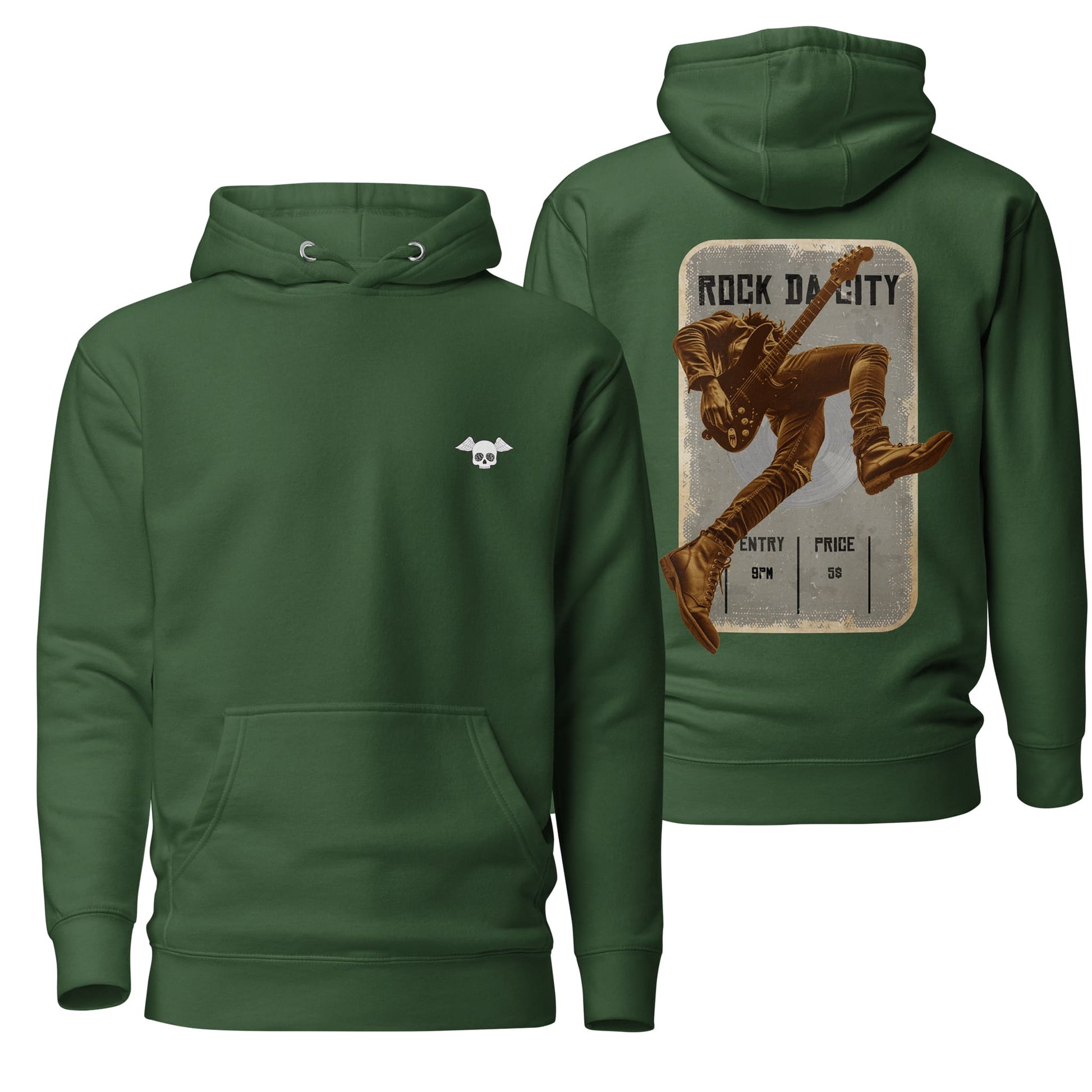 A deep forest green hoodie showcasing the "Rock Da City" design, combining a rich, natural tone with dynamic city-themed graphics. Perfect for a stylish and grounded look.