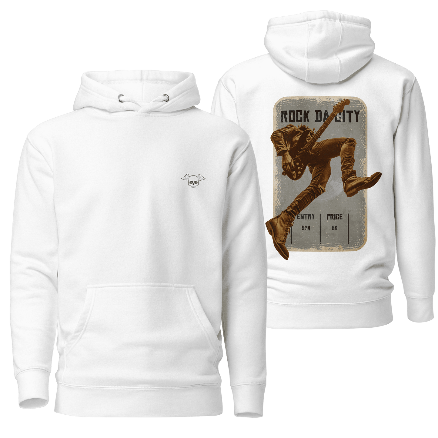 A crisp white hoodie showcasing the "Rock Da City" design, providing a clean and versatile canvas for its bold, urban artwork. A timeless and effortlessly cool choice for streetwear.
