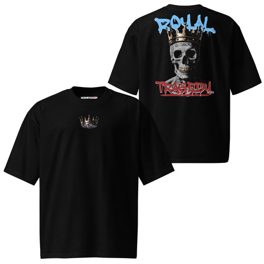 An oversized black t-shirt featuring the "Royal Tragedy" design, with bold white text and intricate artwork that blends regal and dramatic themes. The relaxed fit makes it ideal for casual streetwear, offering both comfort and style.