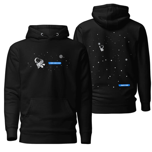 A sleek black hoodie featuring the "Spaceman" design, showcasing bold and futuristic artwork inspired by space exploration. Includes a drawstring hood and front pocket, combining a modern, edgy aesthetic with casual comfort.