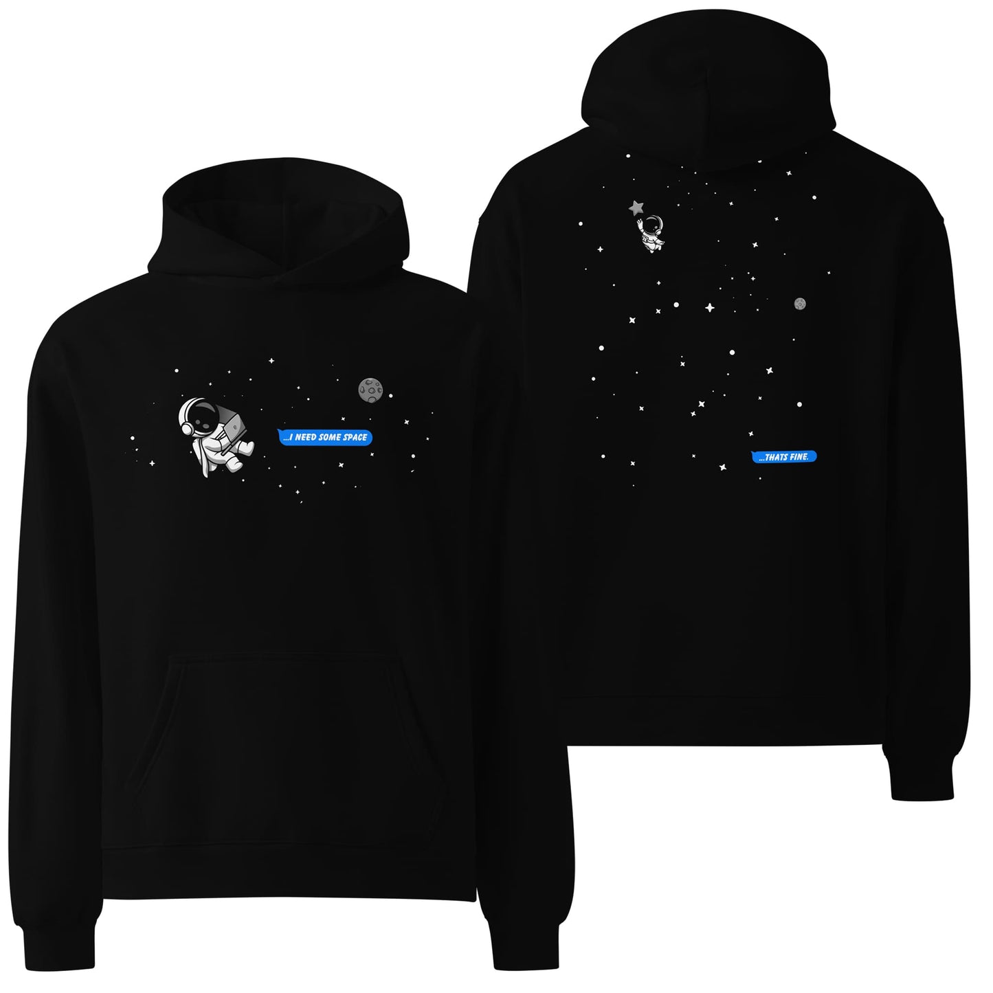 An oversized black hoodie featuring a minimalist design of a small white spaceman graphic floating in space, accompanied by subtle white text. A sleek and cosmic-inspired piece for fans of space exploration and modern aesthetics.