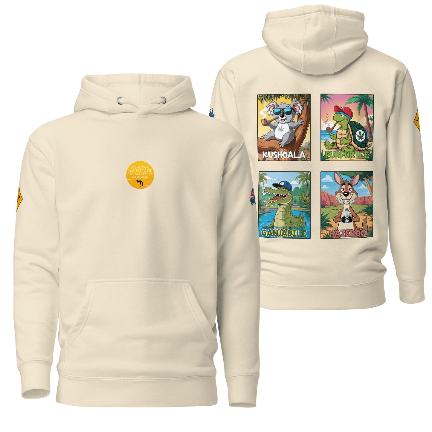 A neutral bone-colored hoodie adorned with the "Wonders of Australia" design, offering understated elegance with detailed and thematic artwork. Perfect for versatile, everyday styling.