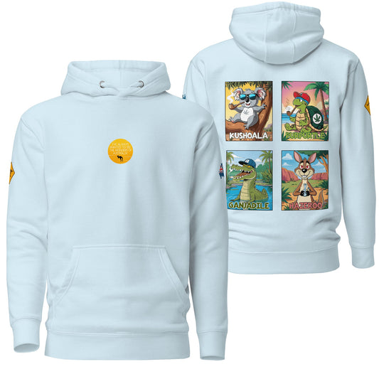 A calming sky blue hoodie featuring the "Wonders of Australia" design with intricate and nature-inspired artwork. Includes a drawstring hood and front pocket, combining style and comfort for a relaxed look.