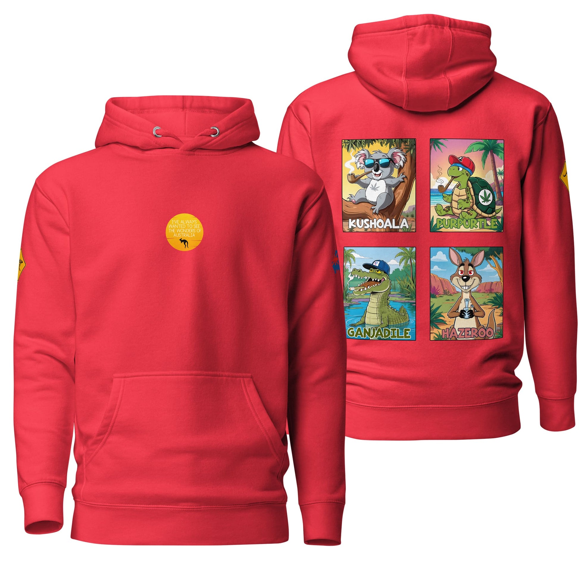 A bold team red hoodie showcasing the "Wonders of Australia" design, pairing vibrant color with striking visuals that celebrate Australian themes. Ideal for making a standout casual statement.
