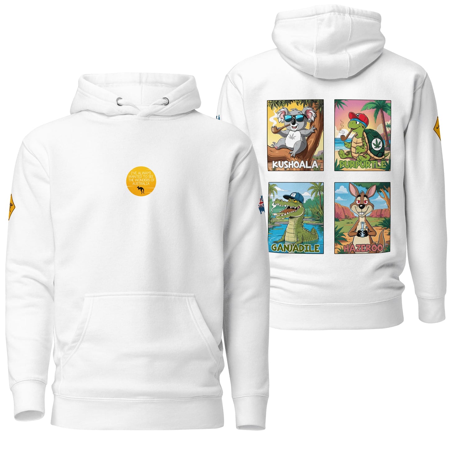 A crisp white hoodie showcasing the "Wonders of Australia" design, providing a clean and versatile backdrop for the detailed artwork. A timeless and stylish choice for casual wear.