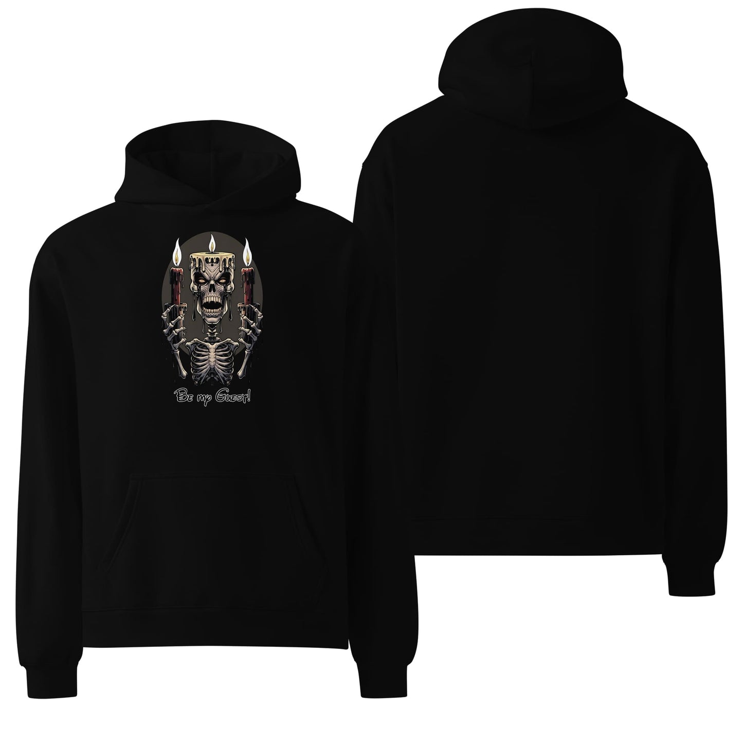 An oversized black hoodie displaying "Be My Guest" in bold, white lettering. A sleek and versatile piece with a friendly and approachable tone.