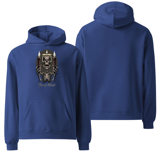 An oversized cobalt blue hoodie featuring the phrase "Be My Guest" in bold, white text across the chest. A minimalistic yet inviting design with a charming message.