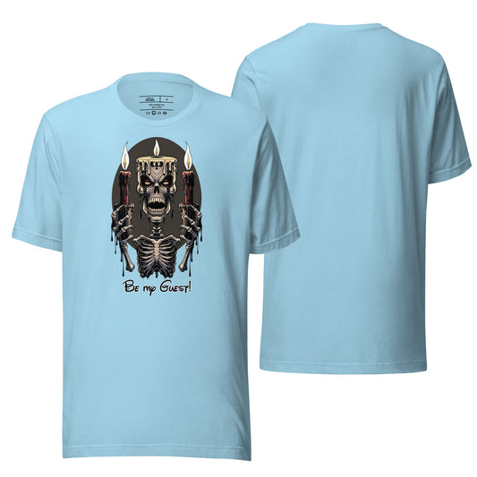 An ocean blue t-shirt with a vibrant "Be My Guest" graphic design on the front. The shirt highlights a comfortable, relaxed fit and soft material, ideal for casual and stylish wear.