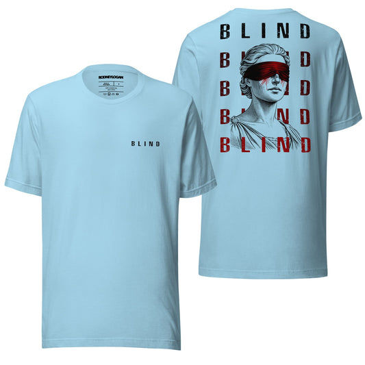 An ocean blue t-shirt featuring the "Blind" design with striking visuals and minimalist appeal. The vibrant color and relaxed fit create a bold yet understated look.