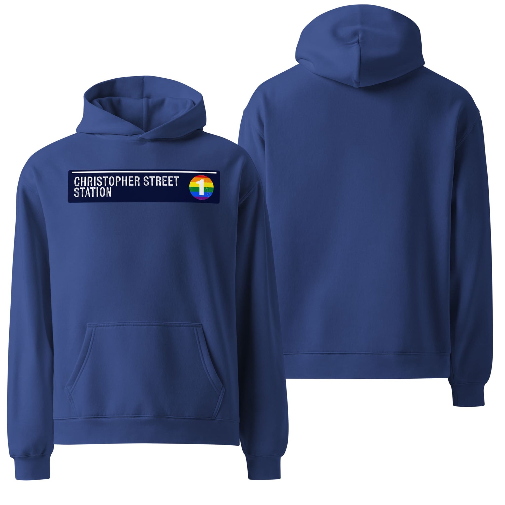An oversized hoodie in a vibrant cobalt blue color, displayed against a plain backdrop to highlight its relaxed fit and soft texture. The front features a minimalistic "Christopher Street Station" text design.