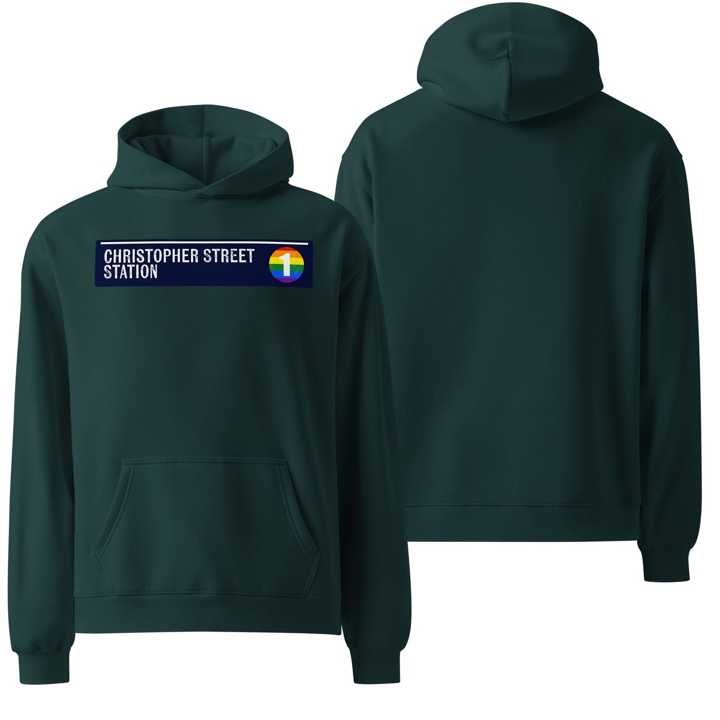 An oversized hoodie in a rich pine green shade, styled similarly on a plain backdrop. The "Christopher Street Station" text is subtly printed on the front, emphasizing the garment's comfortable and casual design.