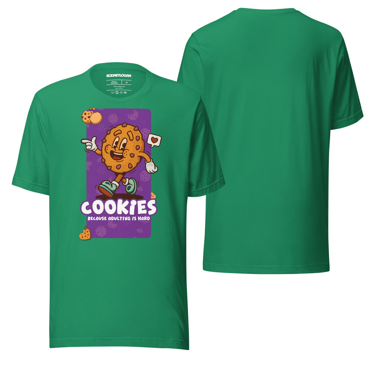 A bold kelly green t-shirt showcasing the "Cookies" design, pairing vibrant color with a playful motif. This standout piece is both lively and versatile for casual styling.