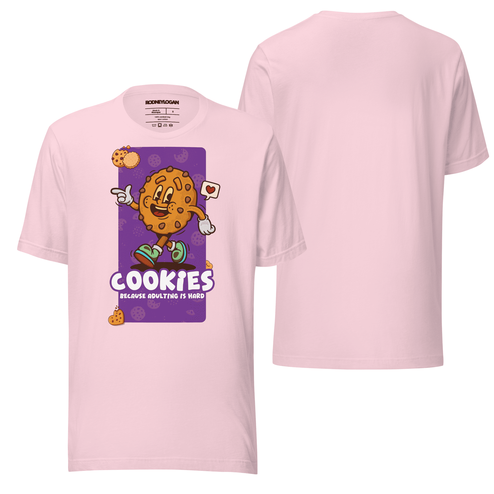 A soft pink t-shirt adorned with the "Cookies" design, blending whimsical artwork with a pastel hue. The lightweight and cozy fit add a touch of charm to any outfit.