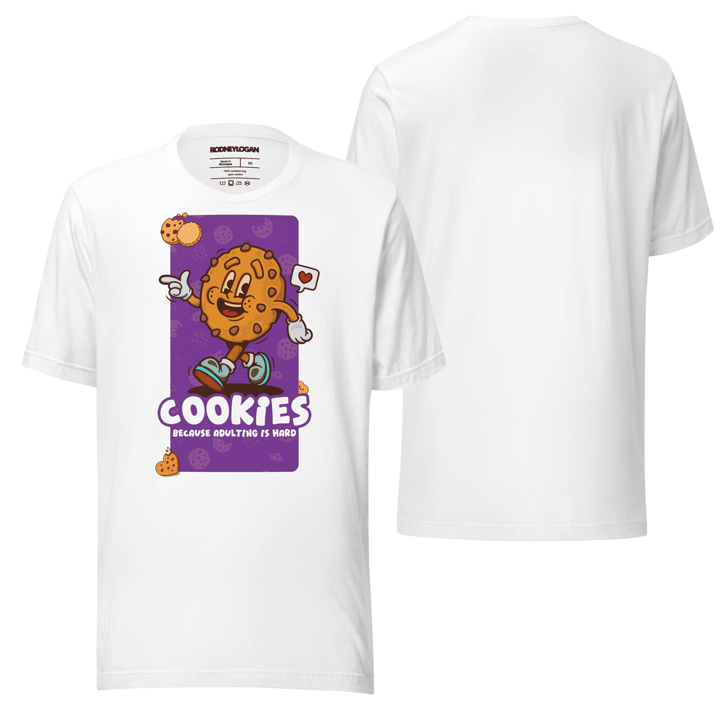 A crisp soft white t-shirt featuring the "Cookies" design with clean, fun visuals. Its classic color and relaxed fit make it a fresh, everyday option with a quirky twist.