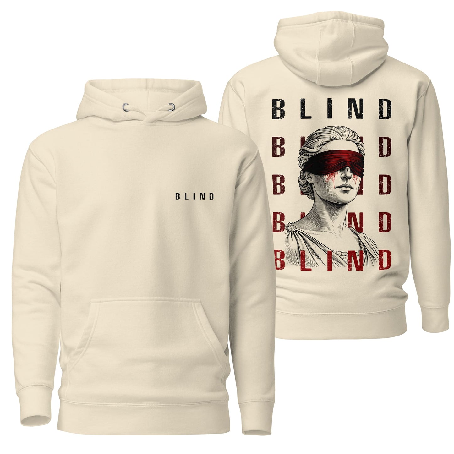 A neutral bone-colored hoodie showcasing the "Blind" design, pairing earthy tones with modern, understated artwork. The relaxed fit and cozy fabric make it ideal for versatile wear.