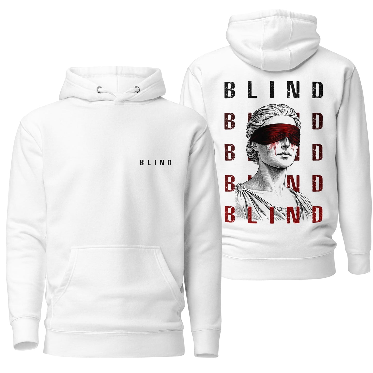A crisp white hoodie featuring the "Blind" design, offering a clean and minimalistic aesthetic with bold graphic elements. Includes a drawstring hood, front pocket, and relaxed fit for everyday comfort.