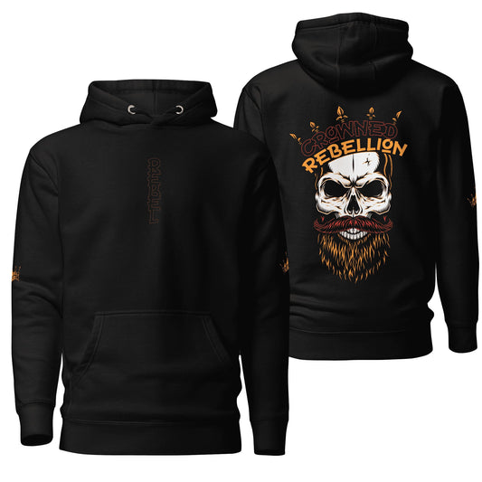 A sleek black hoodie featuring the "Crowned Rebellion" design, with bold text and a minimalist crown graphic. Includes a drawstring hood and front pocket, offering a stylish and edgy look with casual comfort.