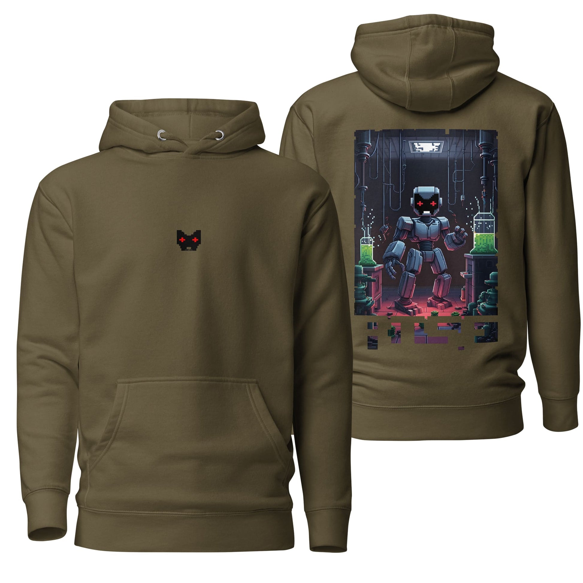 A military green hoodie adorned with the "Rise" design, blending earthy tones with inspiring artwork. Perfect for a rugged yet stylish streetwear look, with practical features like a drawstring hood and front pocket.