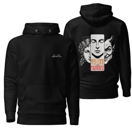 A sleek black hoodie featuring the "Welcome to the Madhouse" design, with bold and chaotic-inspired graphics that capture a rebellious and edgy vibe. Includes a drawstring hood and front pocket, making it both stylish and comfortable for everyday wear.