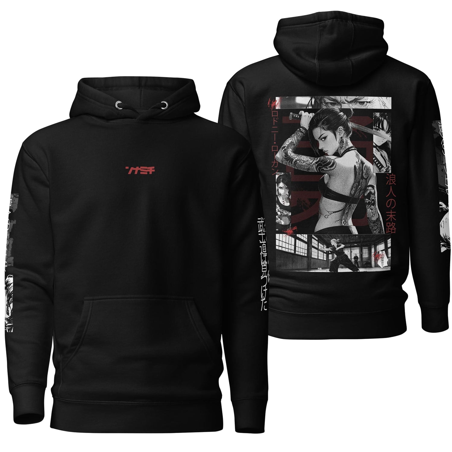 A black hoodie featuring a printed image of a woman, showcasing a stylish and contemporary design.
