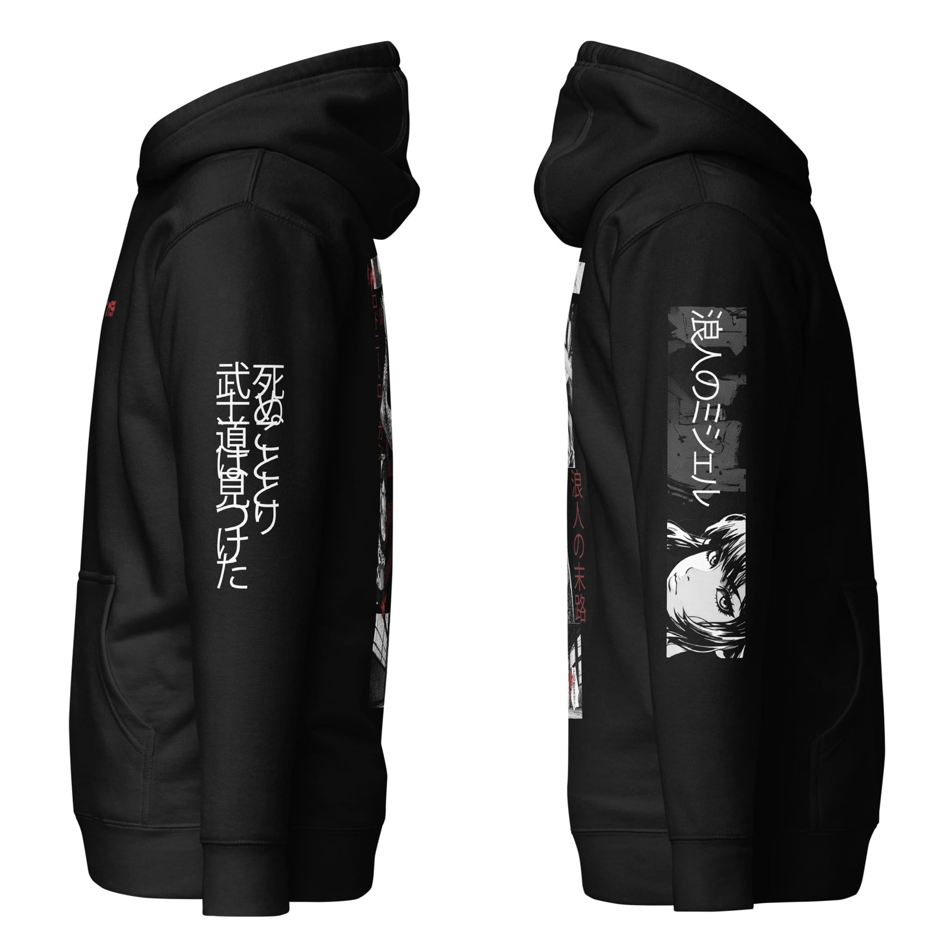 A black hoodie featuring Japanese writing, showcasing a blend of modern fashion and cultural expression.
