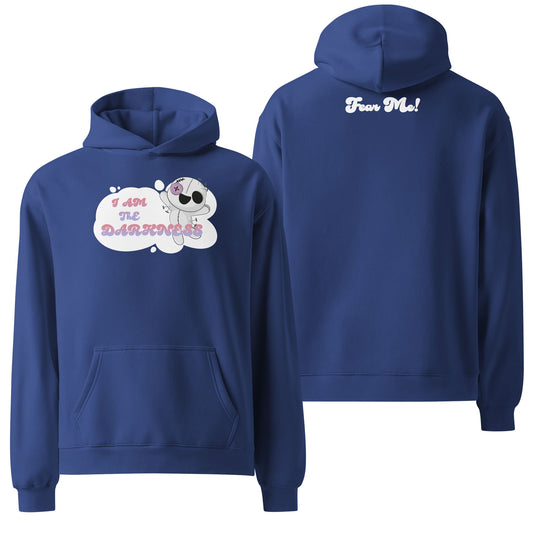 An oversized cobalt blue hoodie featuring the phrase "I Am the Darkness" in bold, white gothic-style text across the chest. A dramatic and bold design with an edgy vibe.