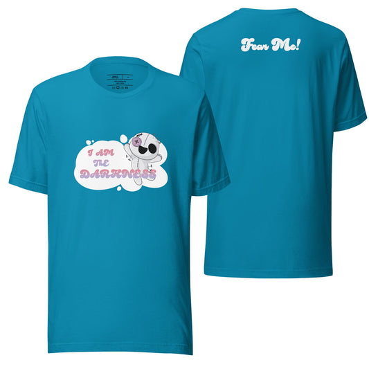 An aqua-colored t-shirt featuring the "I Am the Darkness" design, combining a refreshing hue with bold, gothic-inspired artwork. Perfect for casual wear with a mysterious yet vibrant twist.