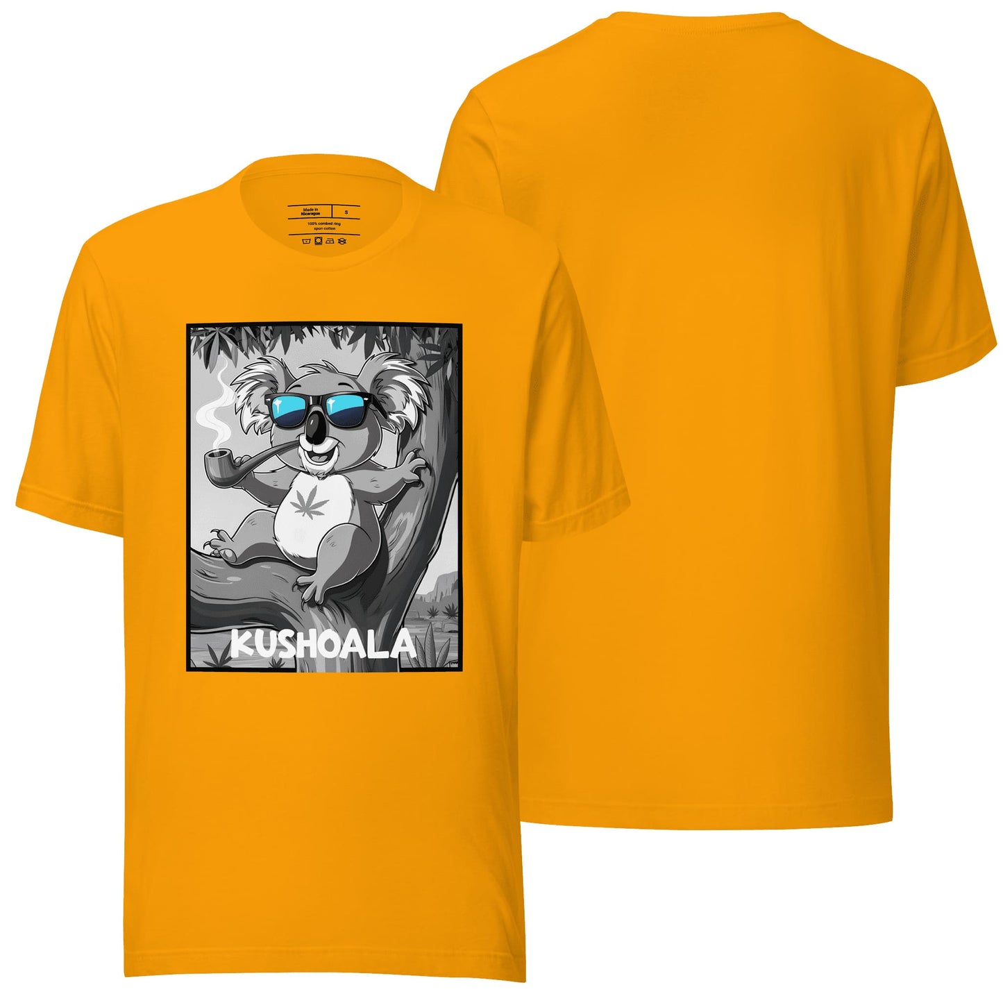 A rich gold t-shirt adorned with the "Kushoala" design, blending a warm, eye-catching tone with intricate visuals. Great for making a stylish and energetic statement.