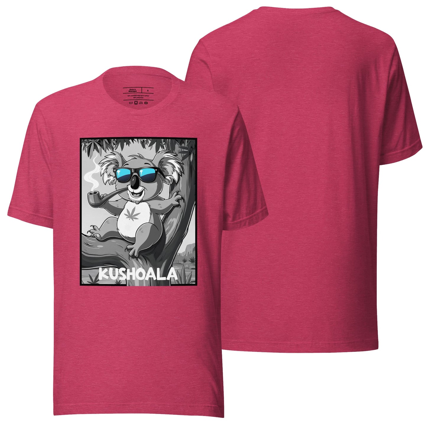 A heather raspberry t-shirt featuring the "Kushoala" design, offering a lively pinkish-red hue paired with bold, creative graphics. A fun and vibrant choice for casual styling.