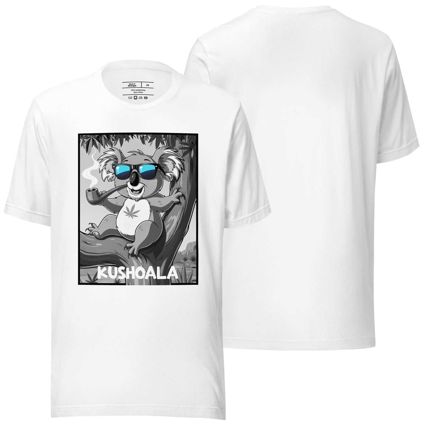 A crisp white t-shirt showcasing the "Kushoala" design, providing a clean and versatile background for its detailed and imaginative artwork. A timeless and adaptable piece for everyday wear.