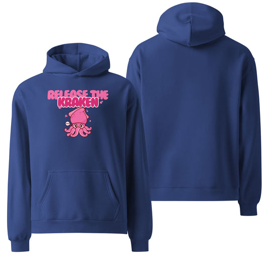 An oversized cobalt blue hoodie featuring the phrase "Release the Kraken" in bold, white text with a dramatic and adventurous flair. A fun and bold statement piece.