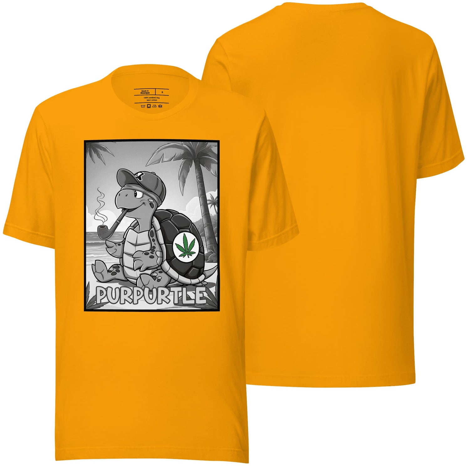A vibrant gold t-shirt featuring the "Purpurtle" design, showcasing playful and creative graphics of a whimsical purple turtle. Its bold color and relaxed fit make it perfect for casual, standout looks.